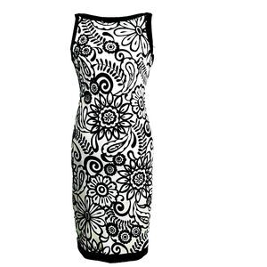 Kay Unger Black White Floral Print Embellished V-Neck Sleeveless Sheath Dress 10